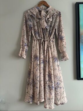 Korean Floral Tie-Neck Long Sleeve Midi Dress in Blush